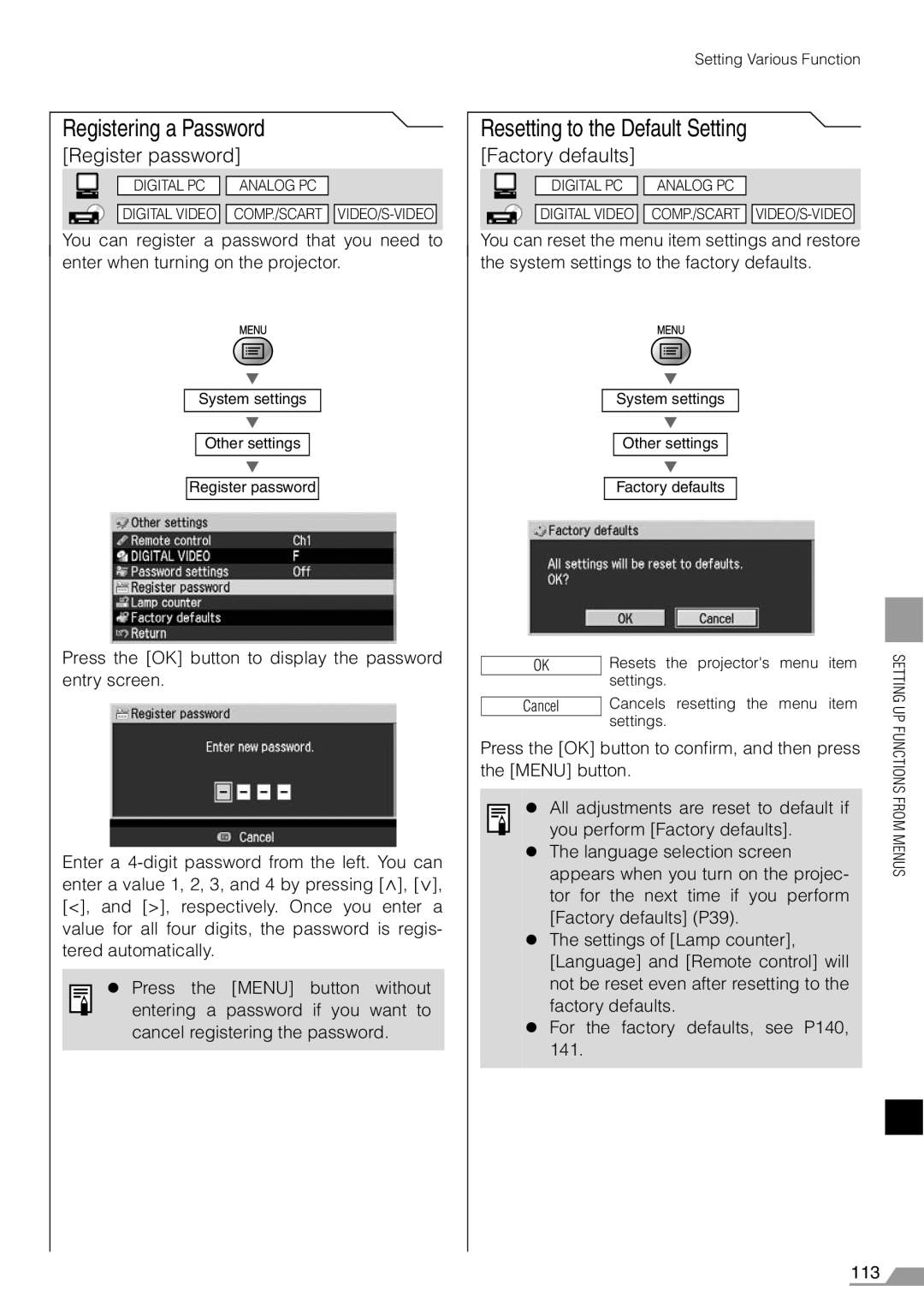 Canon X700, SX7 manual Resetting to the Default Setting, Factory defaults 