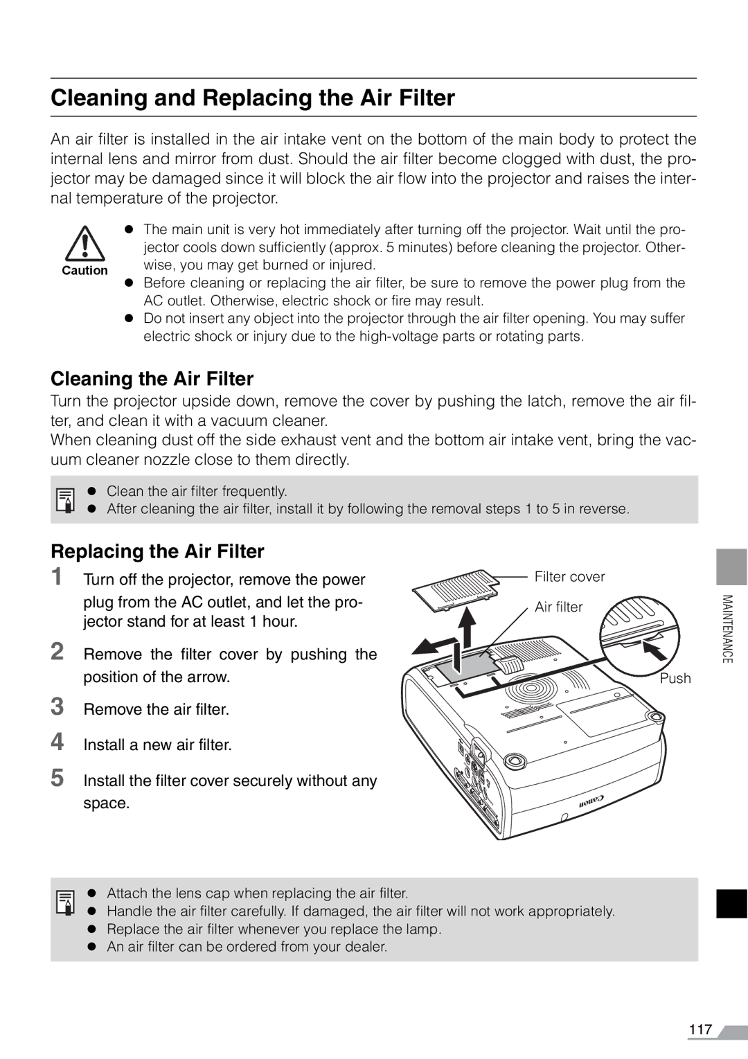 Canon X700, SX7 manual Cleaning and Replacing the Air Filter, Cleaning the Air Filter 