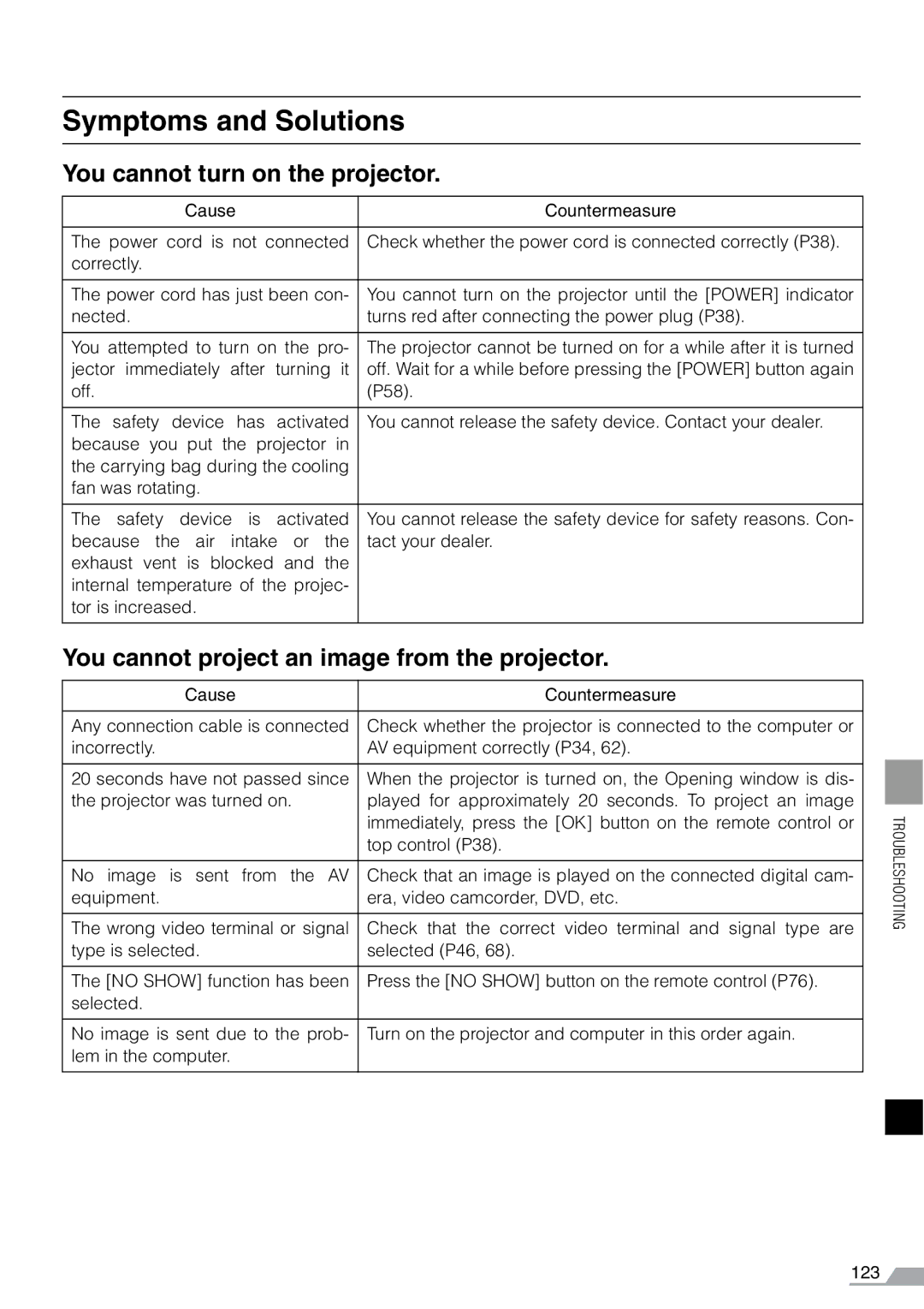 Canon X700, SX7 Symptoms and Solutions, You cannot turn on the projector, You cannot project an image from the projector 