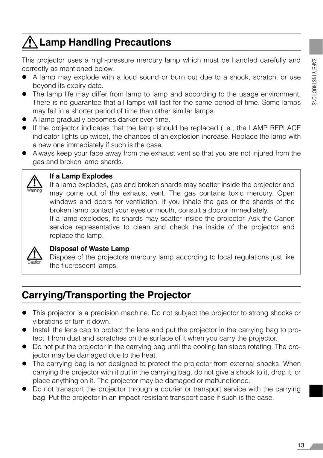 Canon X700, SX7 manual Lamp Handling Precautions, Carrying/Transporting the Projector 