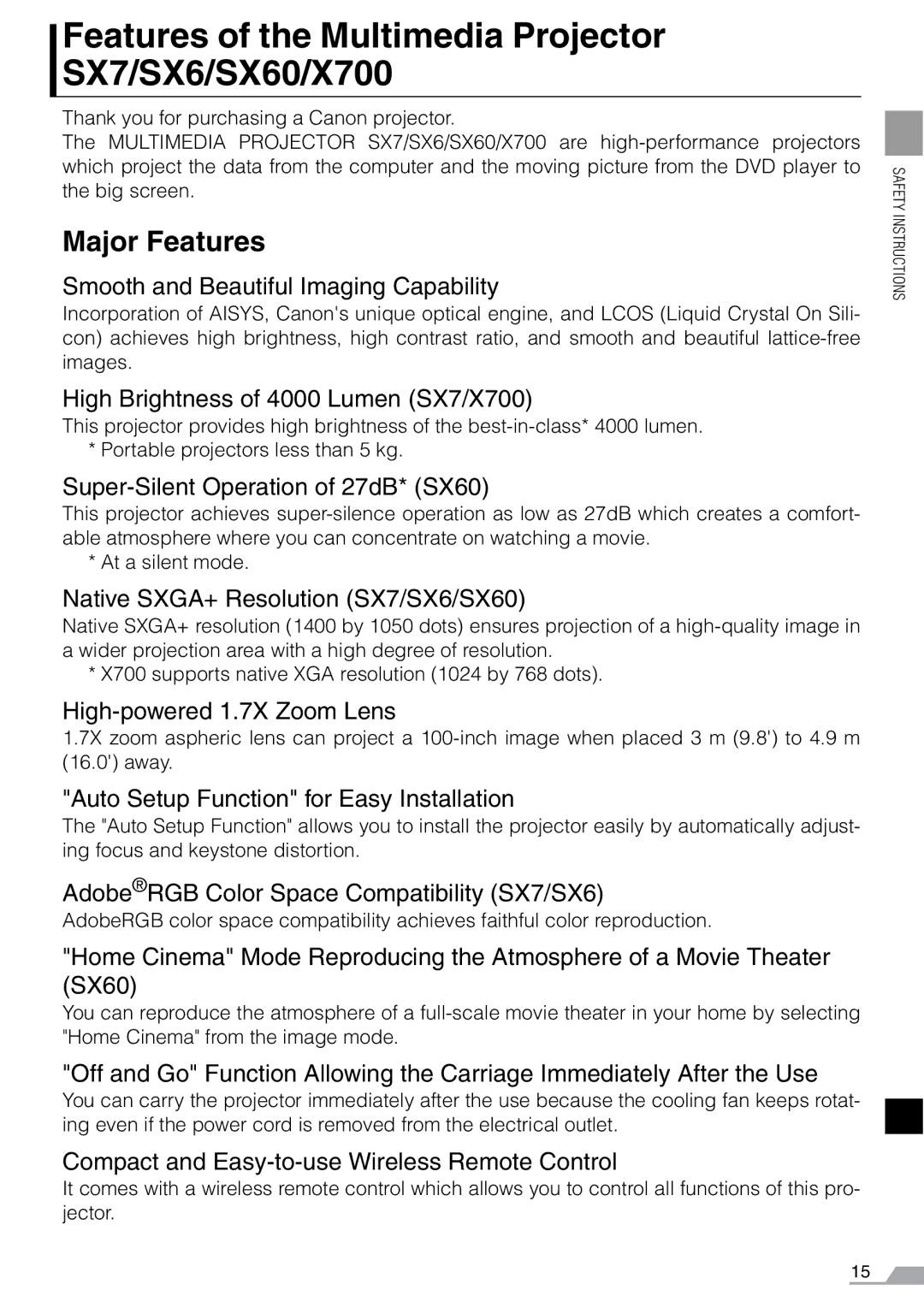 Canon manual Features of the Multimedia Projector SX7/SX6/SX60/X700, Major Features 