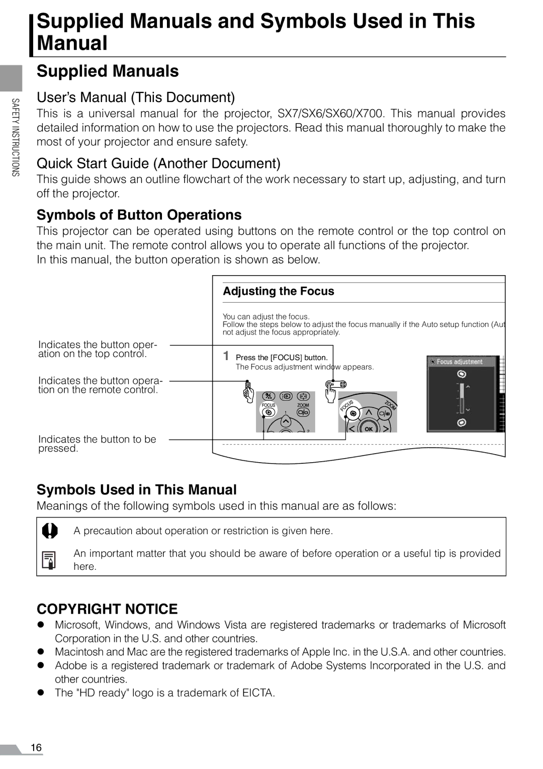 Canon SX7, X700 manual Supplied Manuals and Symbols Used in This Manual, Symbols of Button Operations 