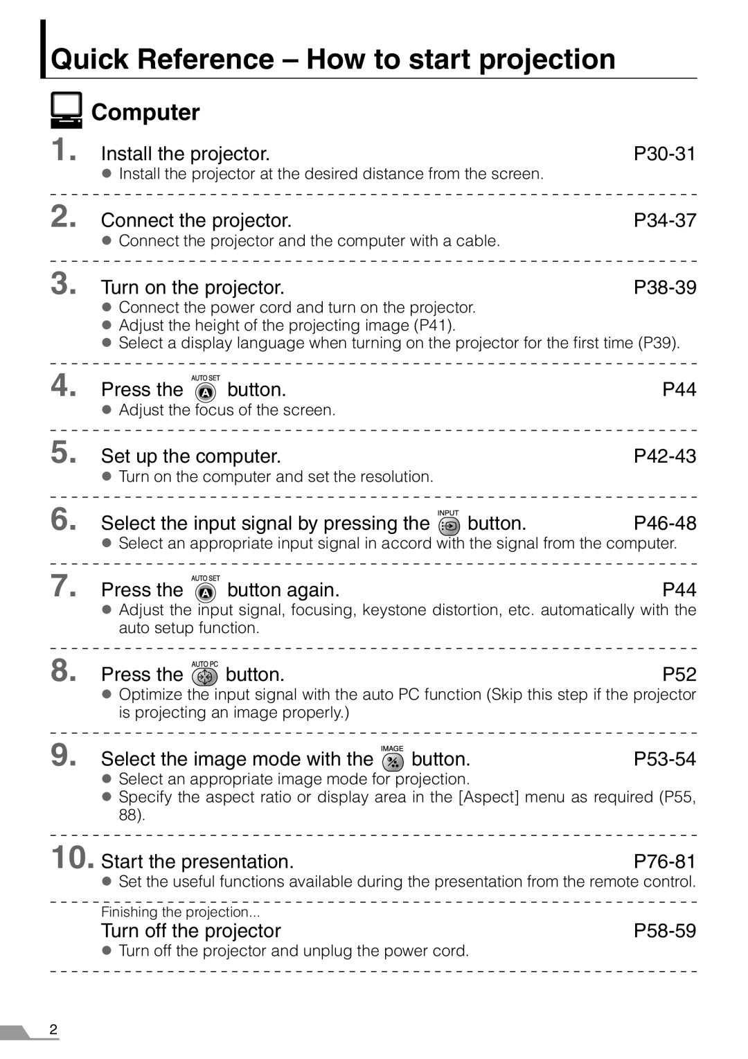 Canon SX7, X700 manual Quick Reference How to start projection, Computer 