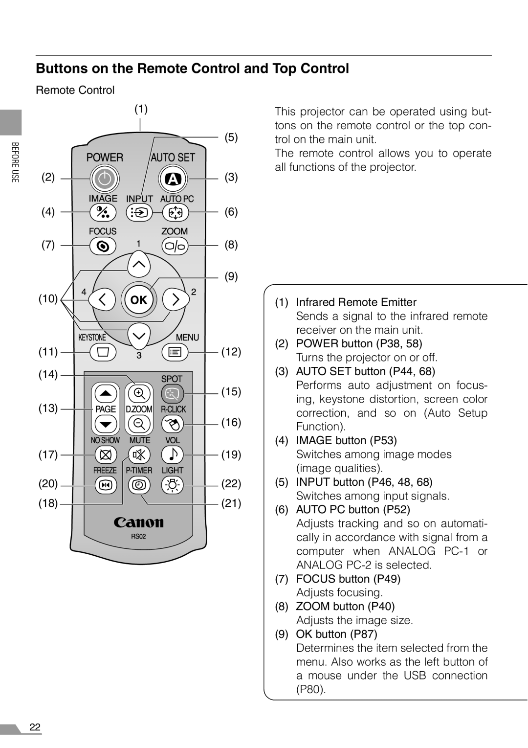 Canon SX7, X700 manual Buttons on the Remote Control and Top Control 