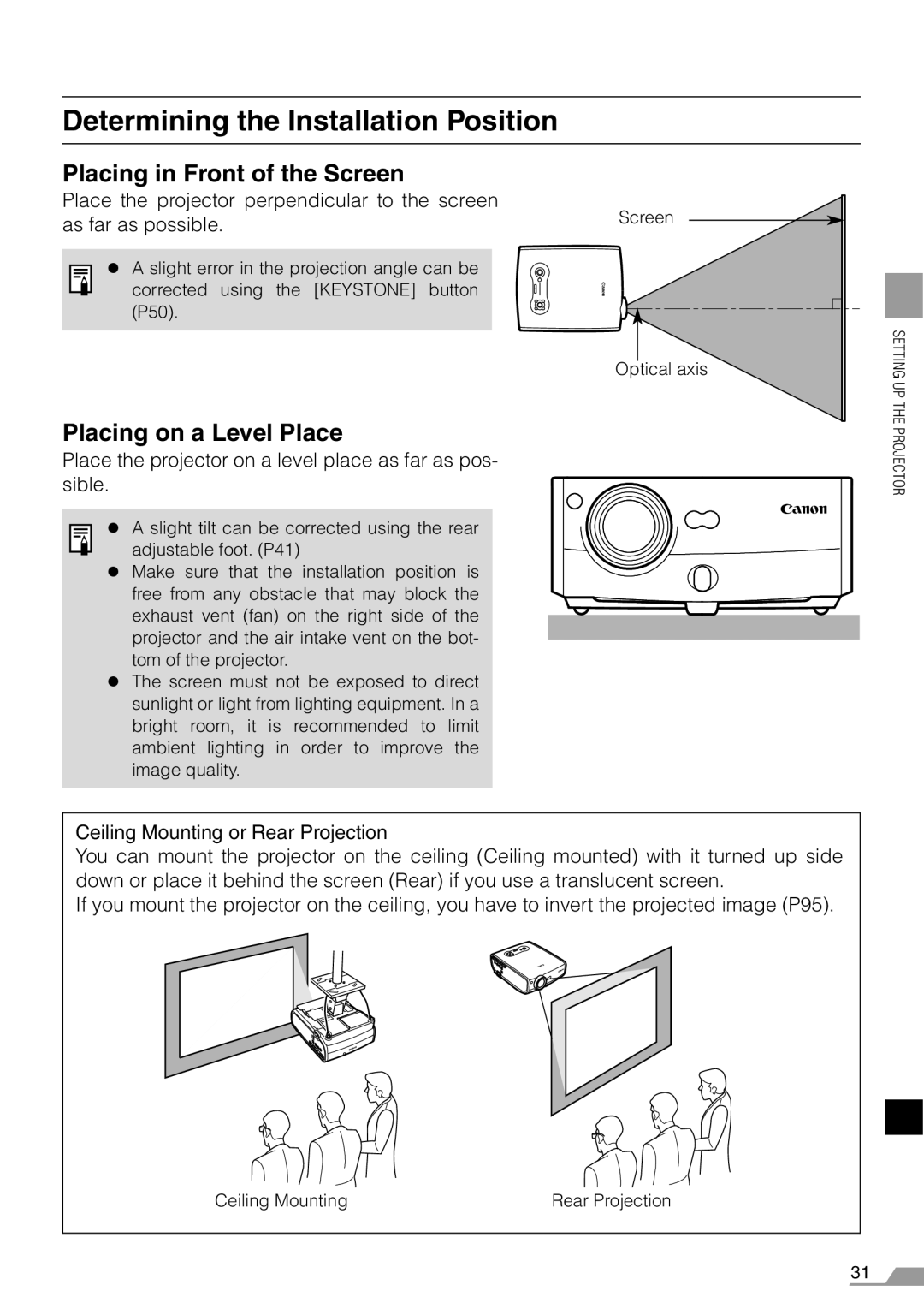 Canon X700, SX7 manual Determining the Installation Position, Placing in Front of the Screen, Placing on a Level Place 