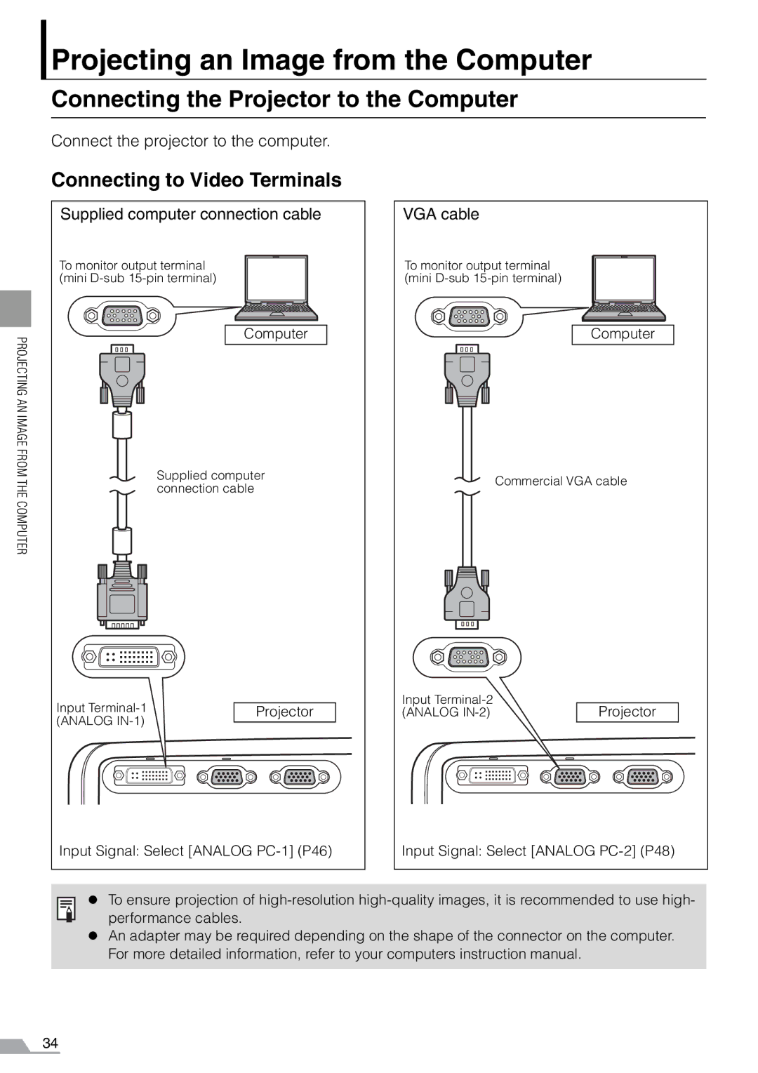 Canon SX7 Projecting an Image from the Computer, Connecting the Projector to the Computer, Connecting to Video Terminals 