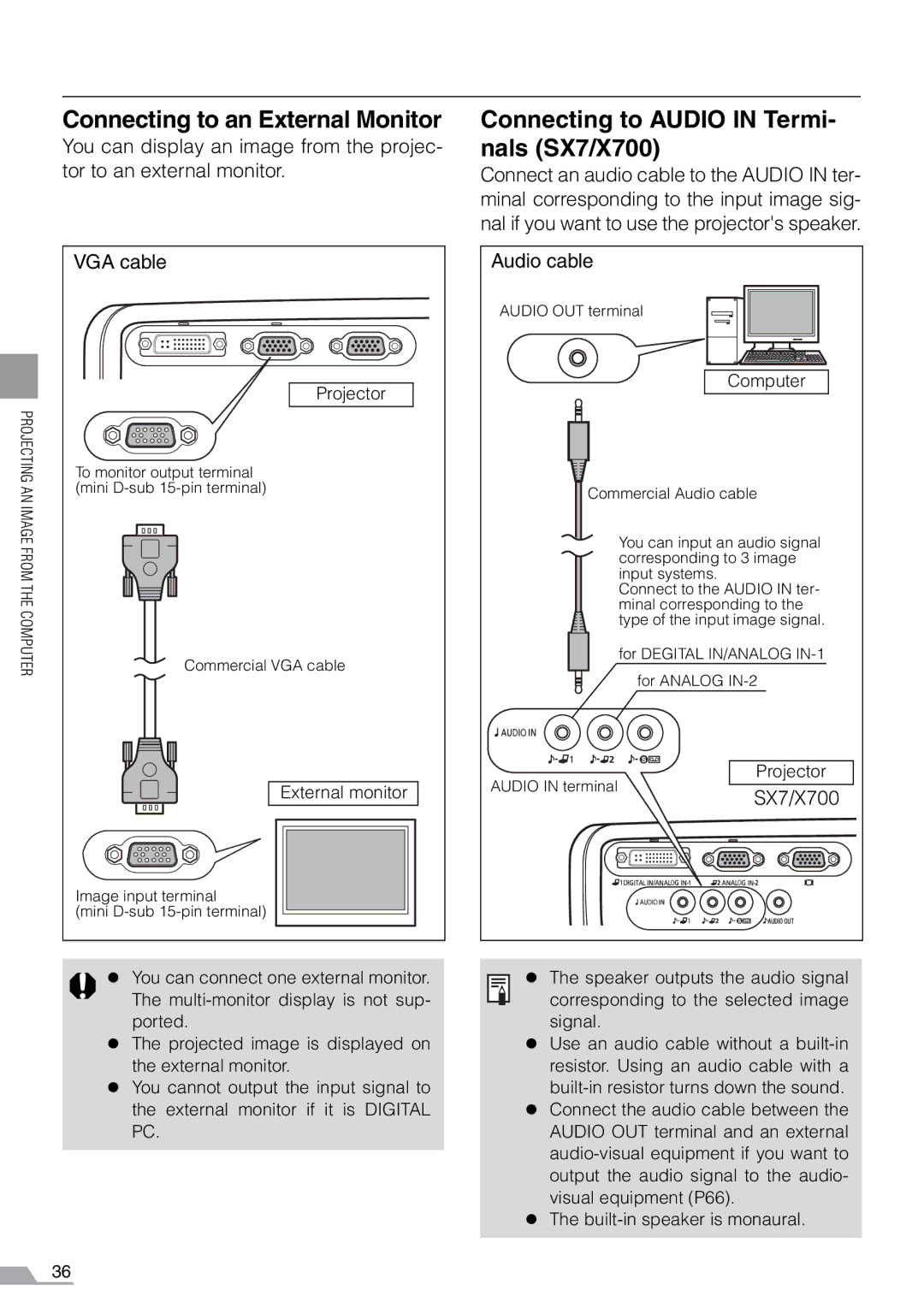 Canon manual Connecting to an External Monitor, Connecting to Audio in Termi- nals SX7/X700, Audio cable 