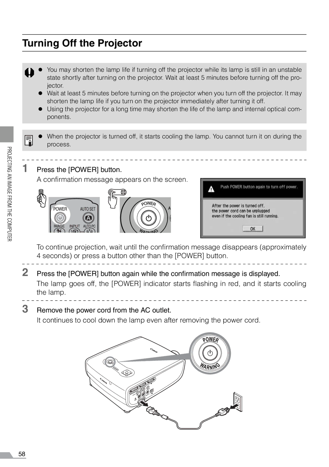 Canon SX7, X700 manual Turning Off the Projector 