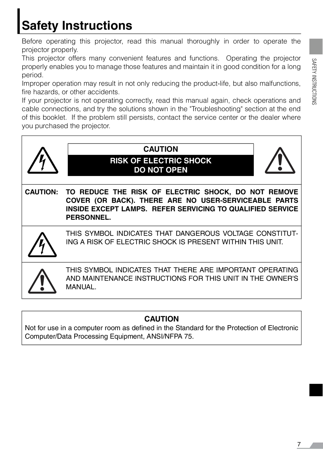 Canon X700, SX7 manual Safety Instructions, Risk of Electric Shock Do not Open 