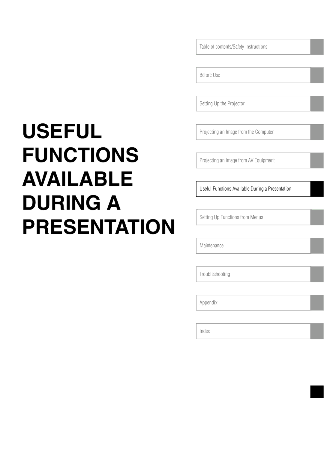 Canon X700, SX7 manual Useful Functions Available During a Presentation 