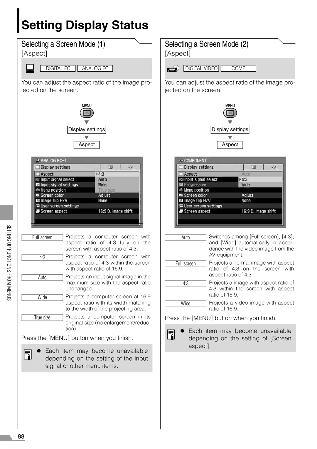 Canon SX7, X700 manual Setting Display Status, Selecting a Screen Mode, Aspect 