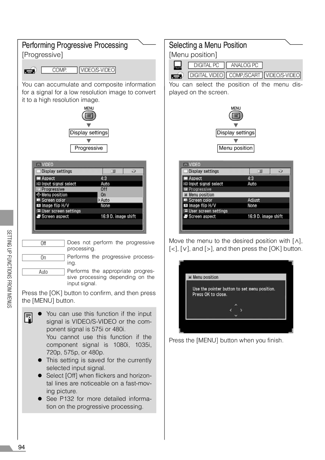 Canon SX7, X700 manual Performing Progressive Processing, Selecting a Menu Position, Menu position 