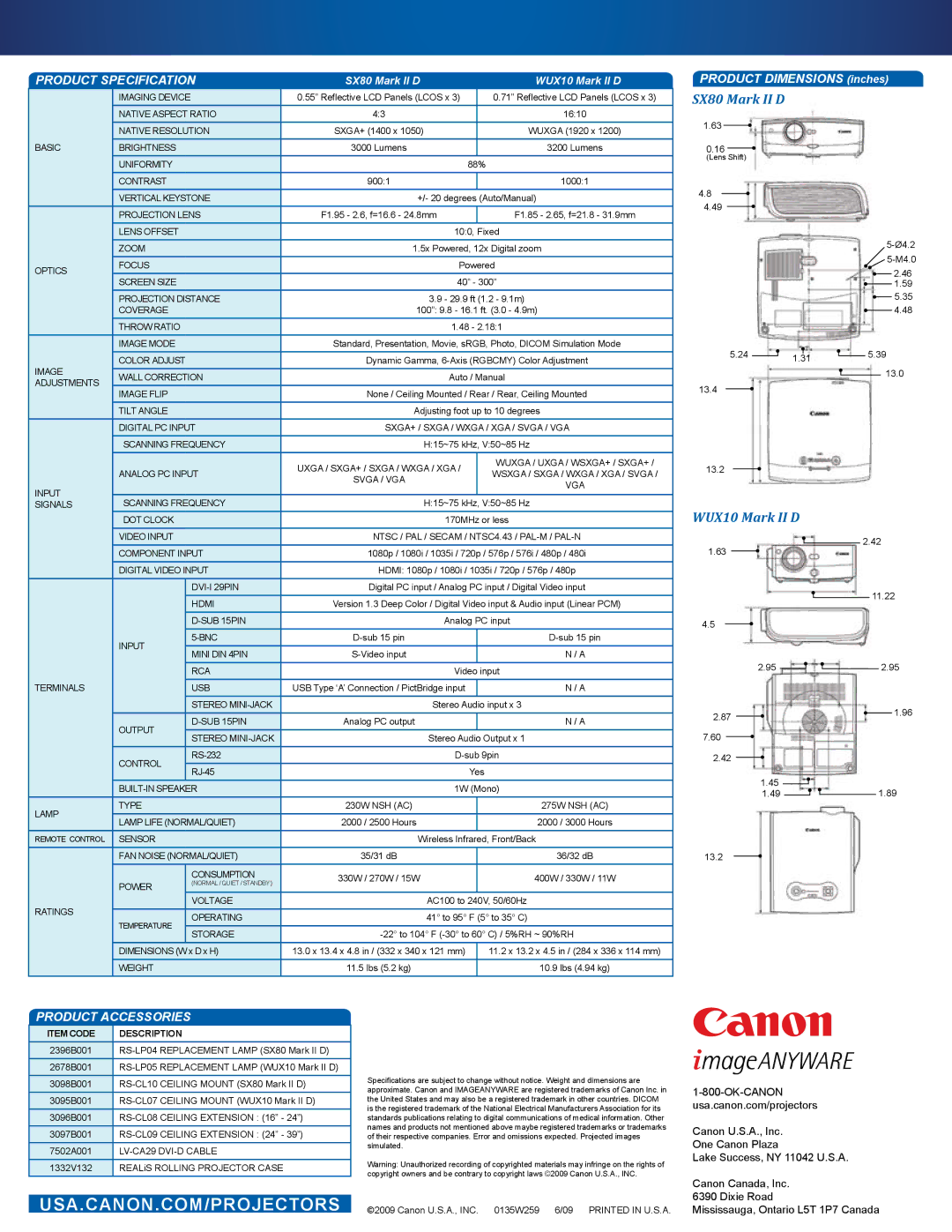 Canon SX80, WUX10 manual Product Specification, Product Accessories 