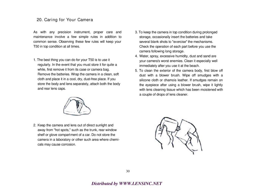 Canon T50 manual Caring for Your Camera 