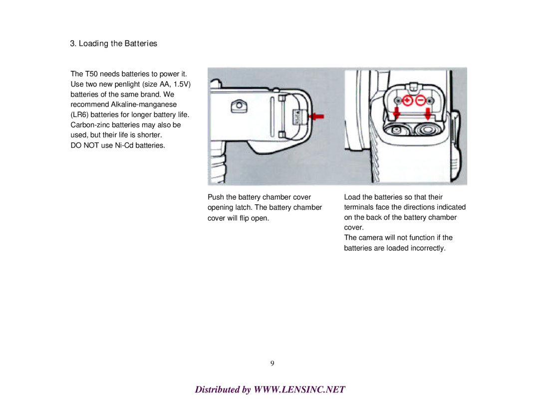 Canon T50 manual Loading the Batteries 