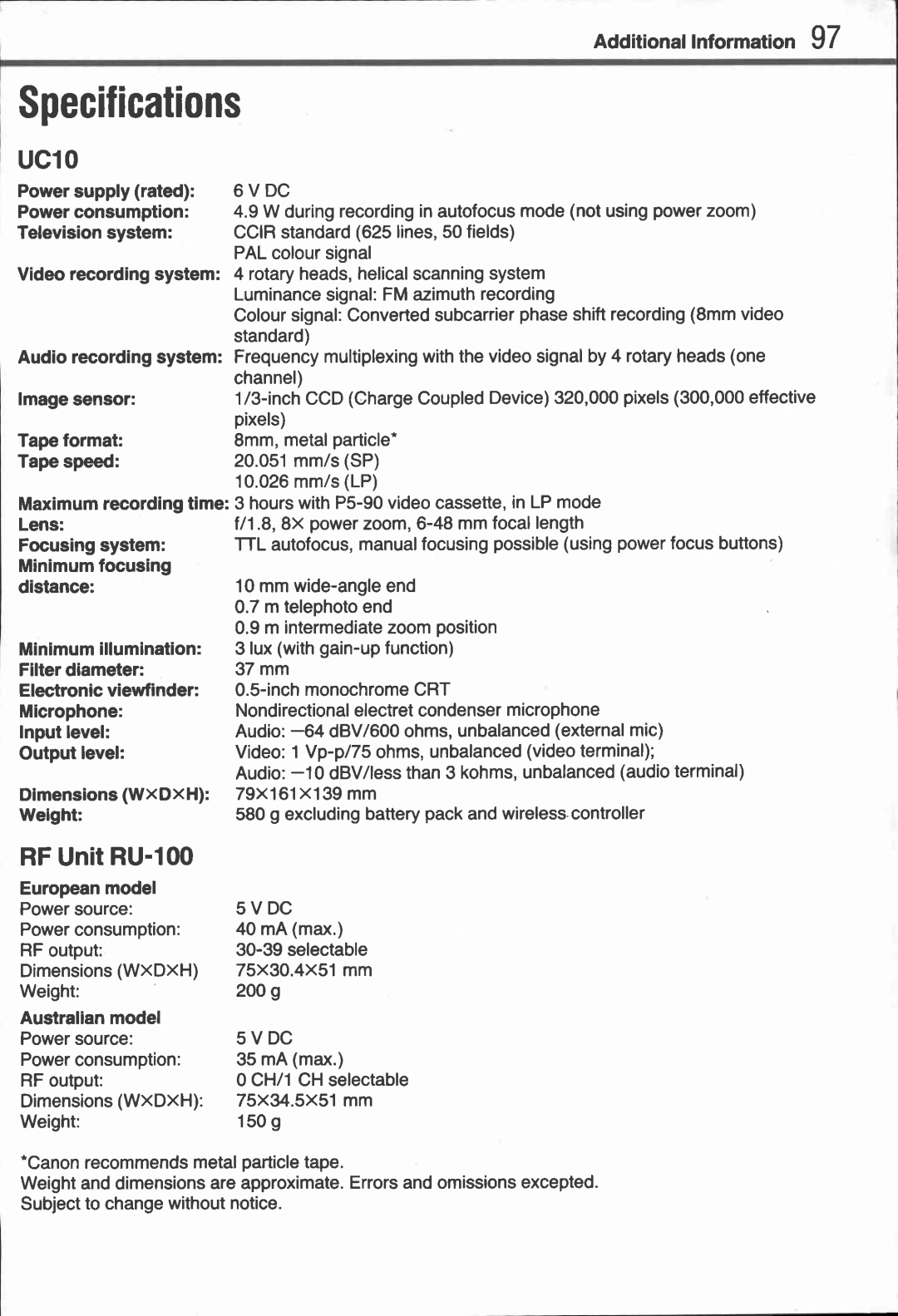 Canon UC 10 manual 