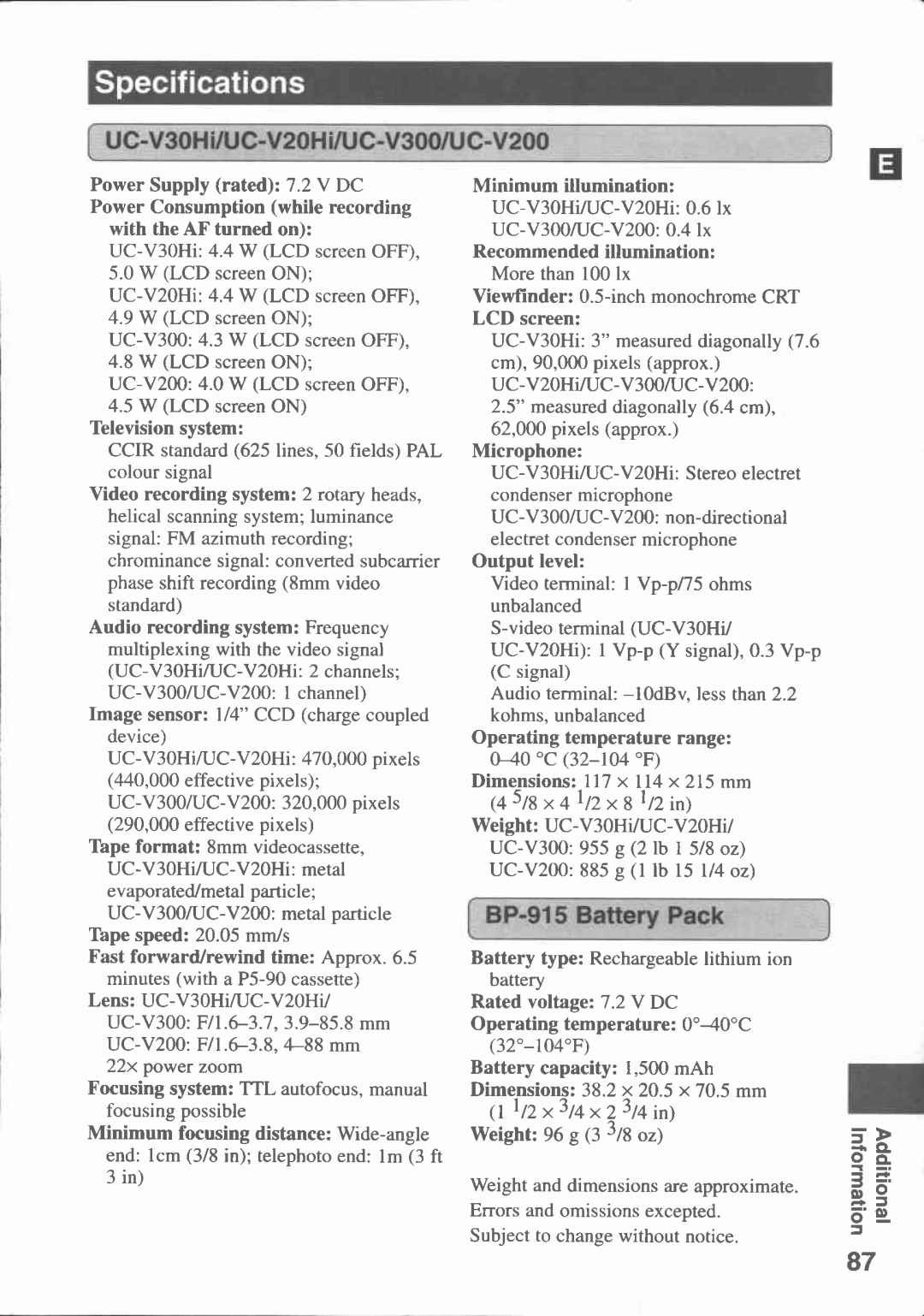 Canon UC V 200, UC-V20, UC-V30, UC V 300 manual 