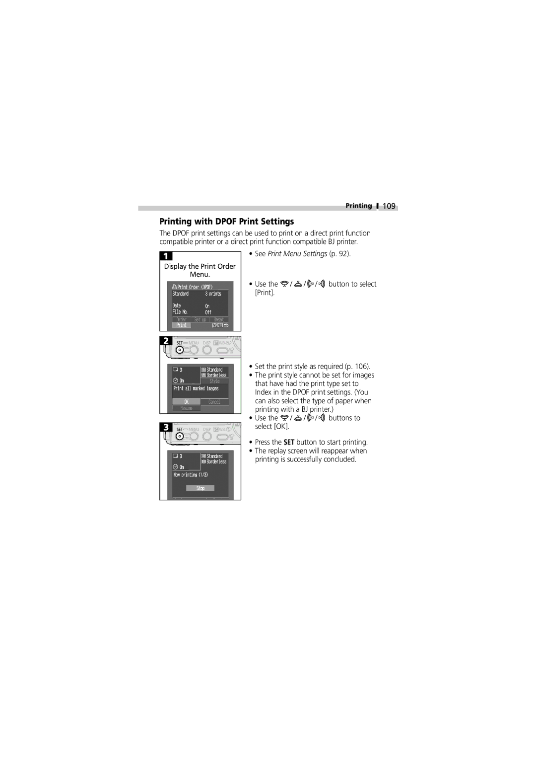 Canon V3 manual Printing with Dpof Print Settings, 109 