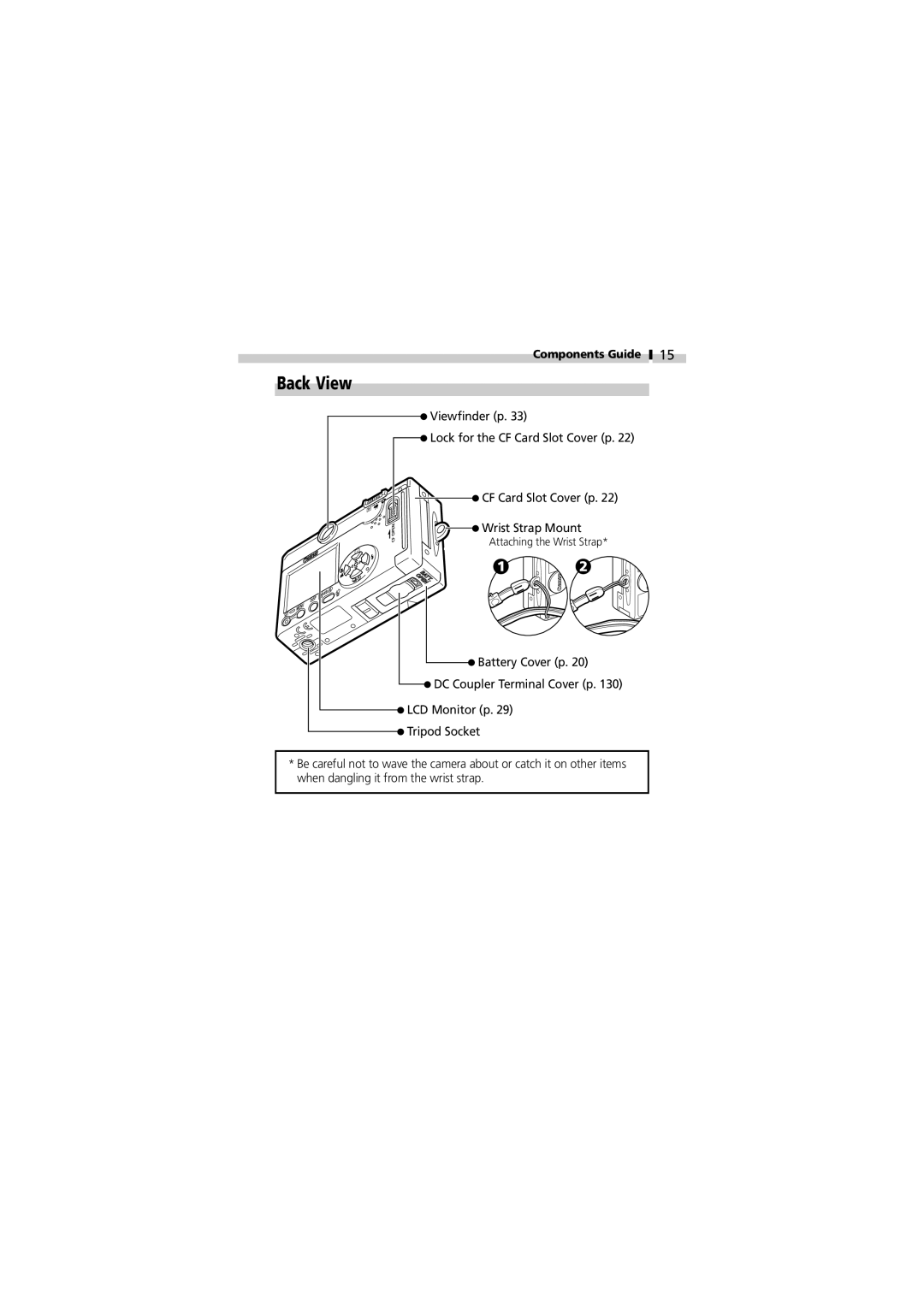 Canon V3 manual Back View, Battery Cover p 