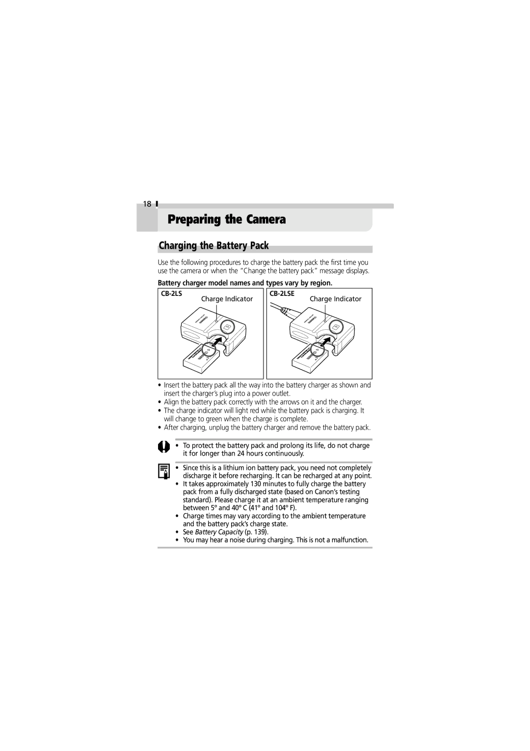 Canon V3 manual Preparing the Camera, Charging the Battery Pack, Battery charger model names and types vary by region 