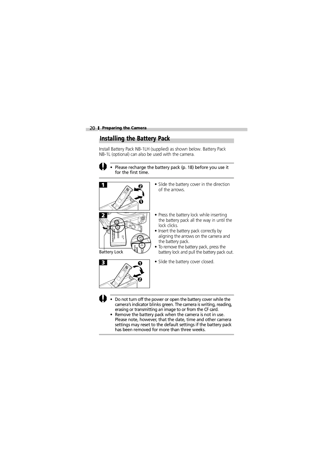 Canon V3 manual Installing the Battery Pack, Slide the battery cover closed 