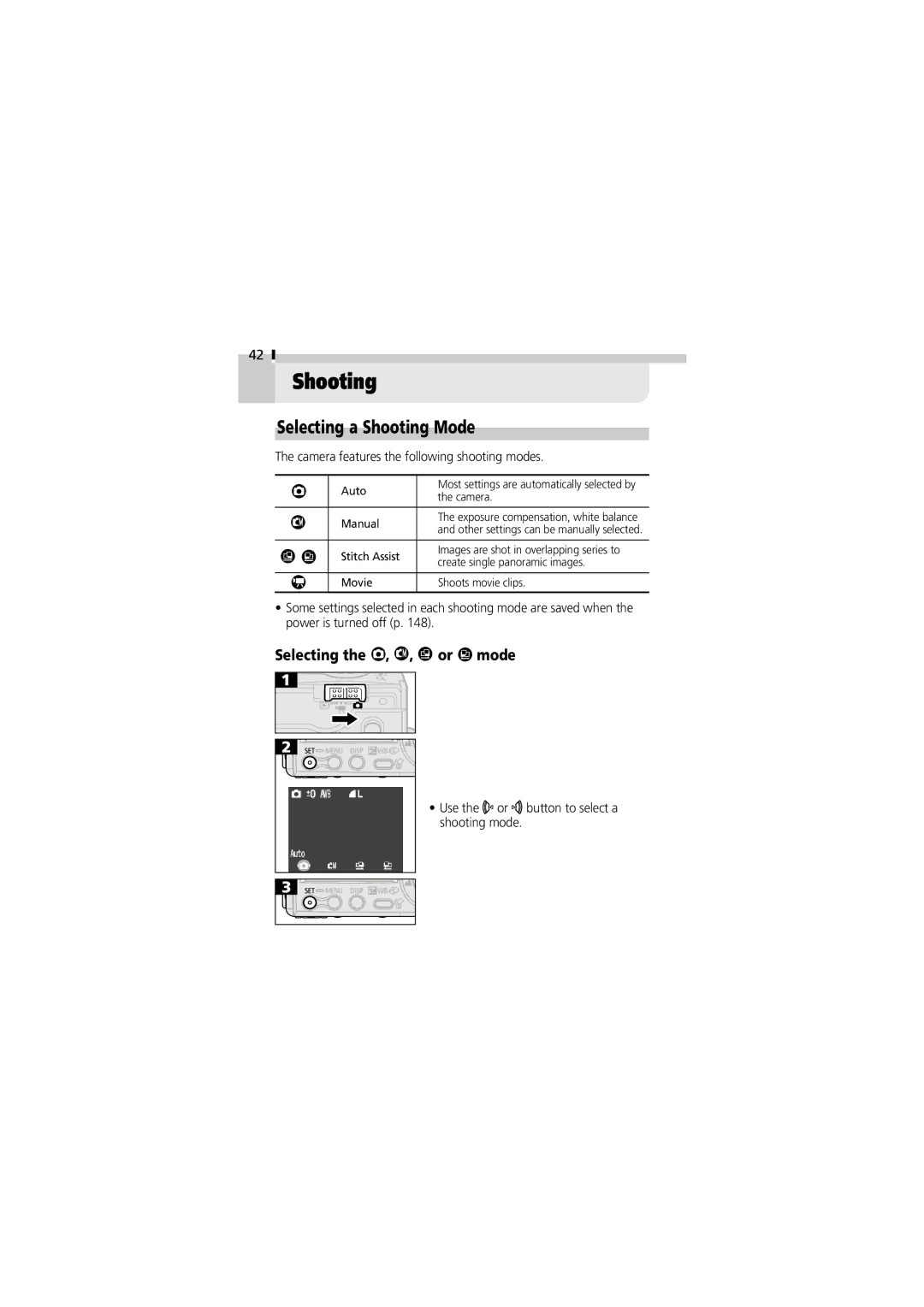 Canon V3 manual Selecting a Shooting Mode, Selecting the , , or mode, Camera features the following shooting modes 