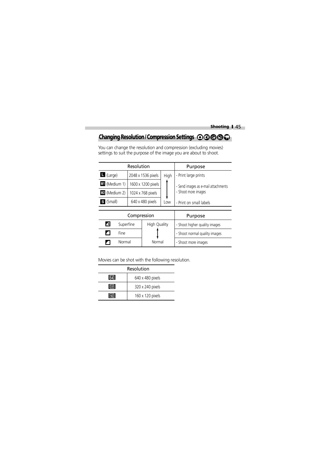 Canon V3 manual Changing Resolution/Compression Settings, Resolution Purpose, Compression Purpose 