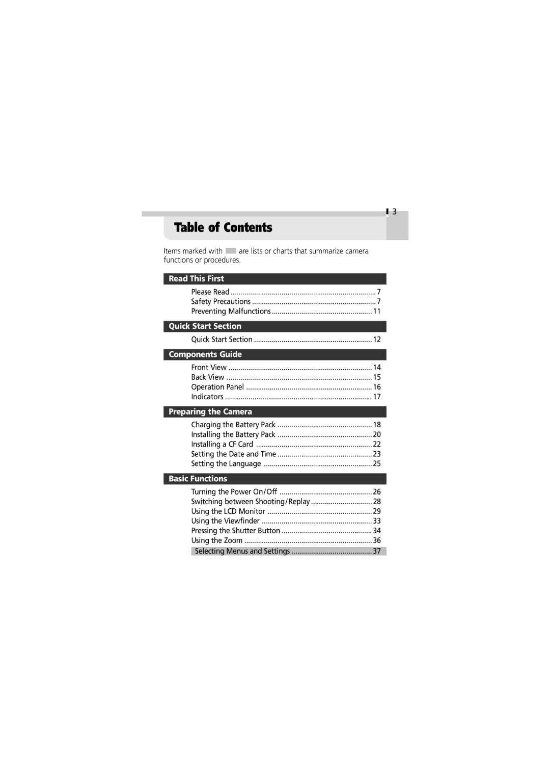 Canon V3 manual Table of Contents 