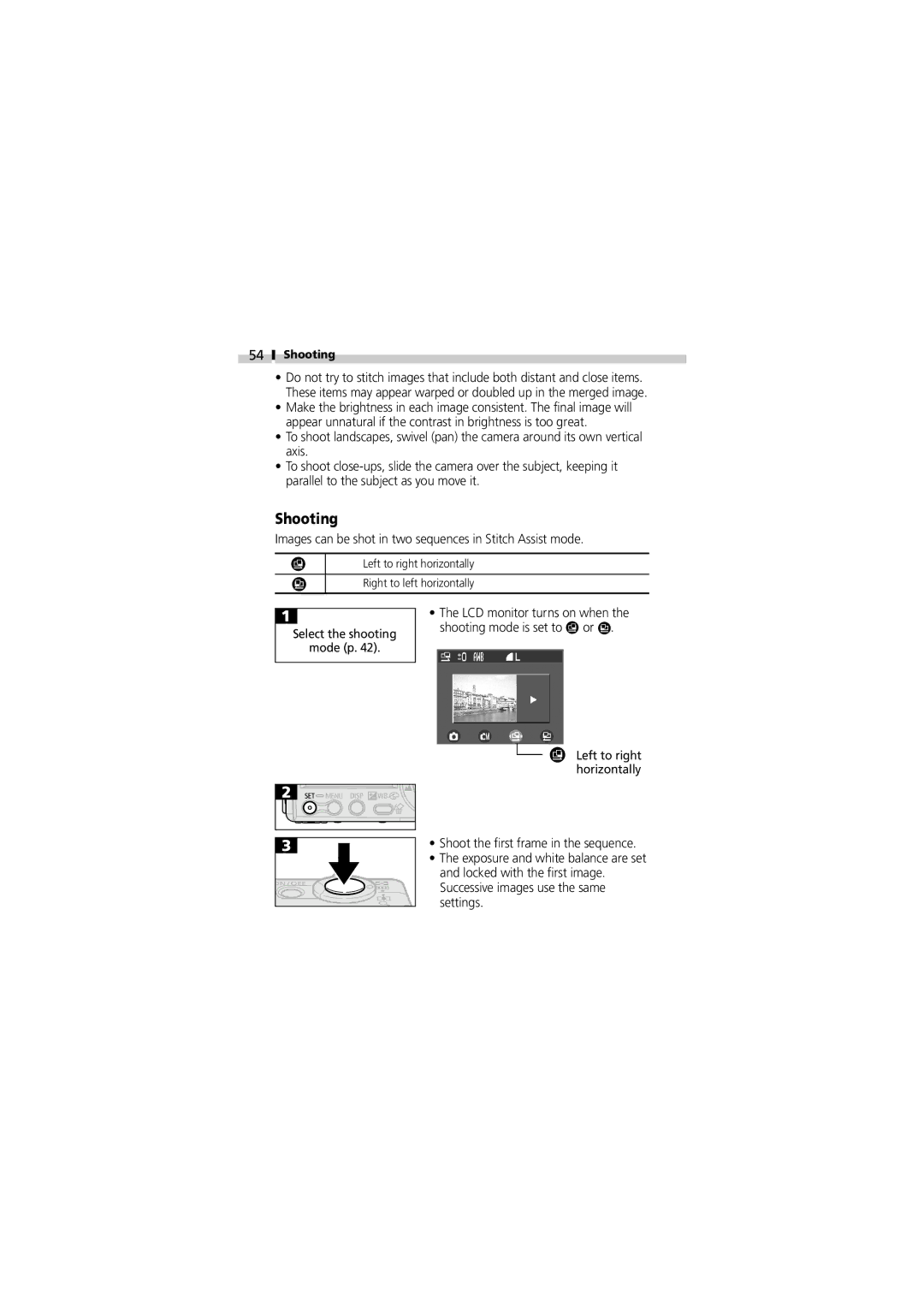 Canon V3 manual Shooting, Images can be shot in two sequences in Stitch Assist mode 