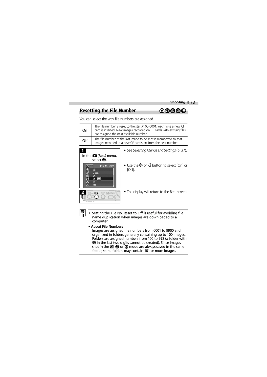 Canon V3 manual Resetting the File Number, You can select the way file numbers are assigned, Off, About File Numbers 