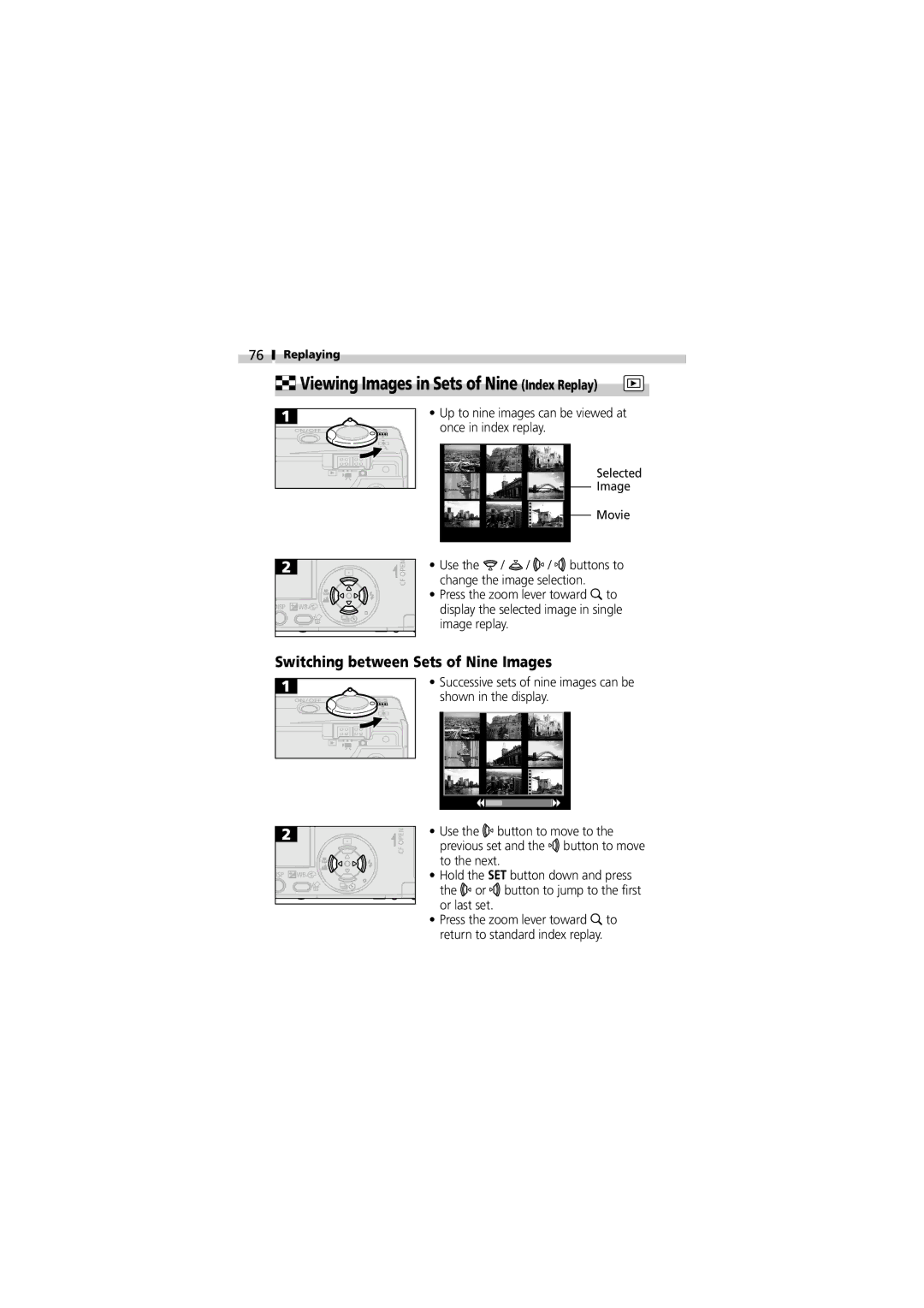 Canon V3 manual Viewing Images in Sets of Nine Index Replay, Switching between Sets of Nine Images 