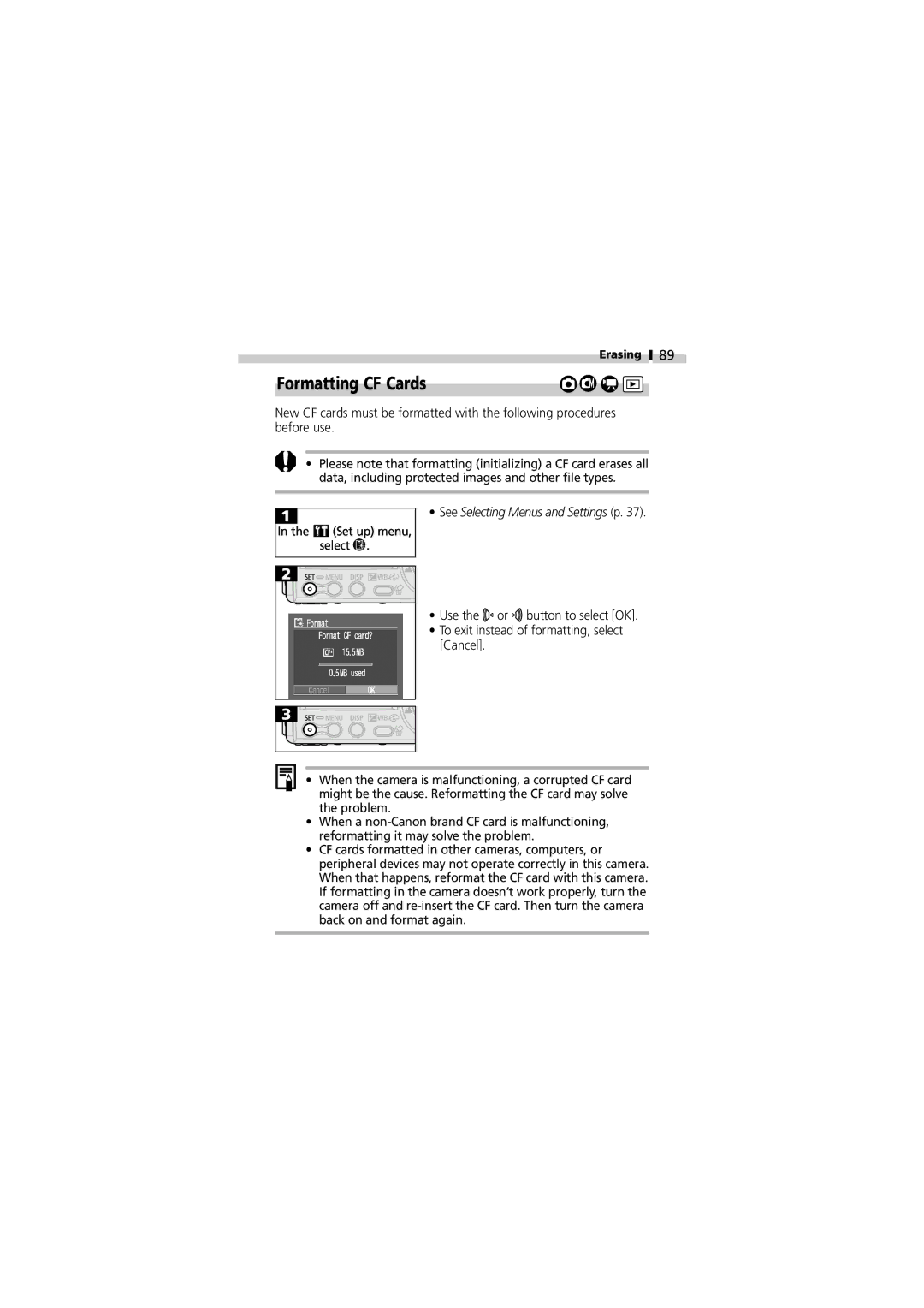 Canon V3 manual Formatting CF Cards 