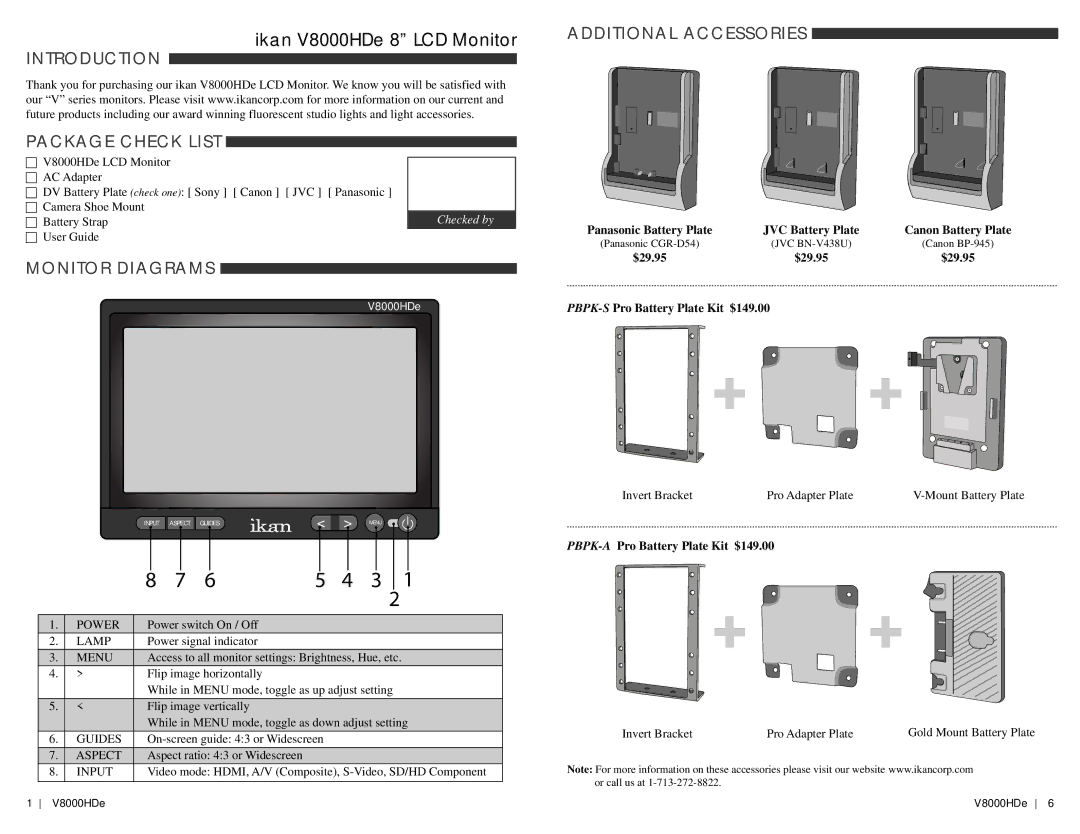 Canon V8000HDe manual Introduction, Additional Accessories Package Check List, Monitor Diagrams 