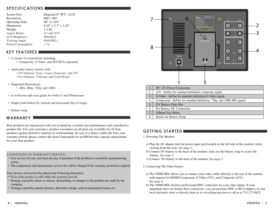 Canon V8000HDe manual Specifications, KEY Features, Warranty, Getting Started 