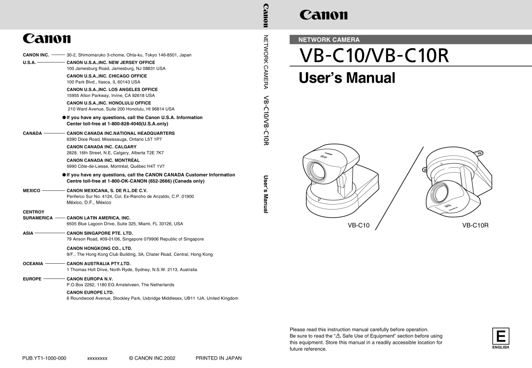 Canon VB-C10R user manual User’s Manual, Center toll-free at 1-800-828-4040U.S.A.only 