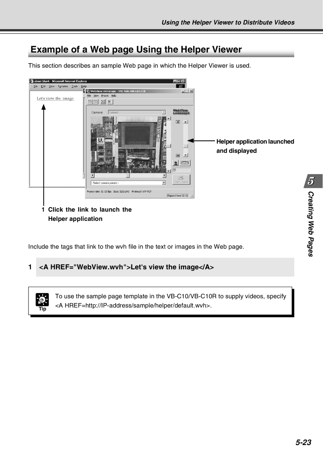 Canon VB-C10R user manual Example of a Web page Using the Helper Viewer, HREF=WebView.wvhLets view the image/A 