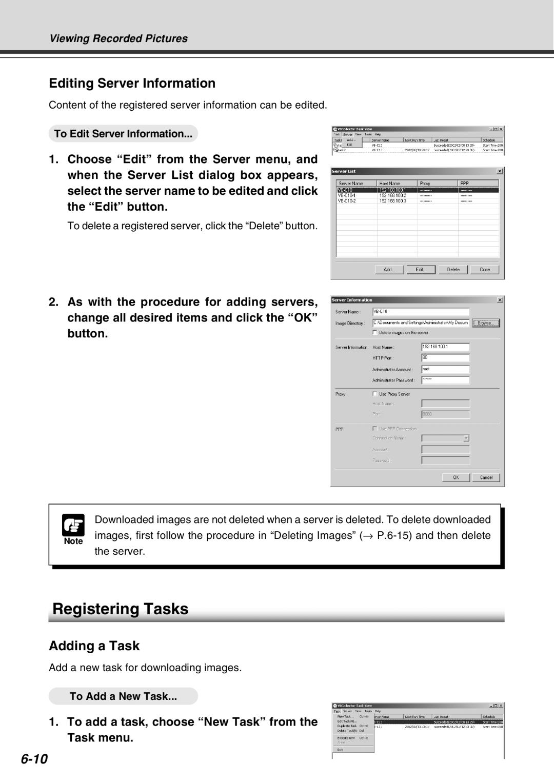 Canon VB-C10R user manual Registering Tasks, Editing Server Information, Adding a Task 