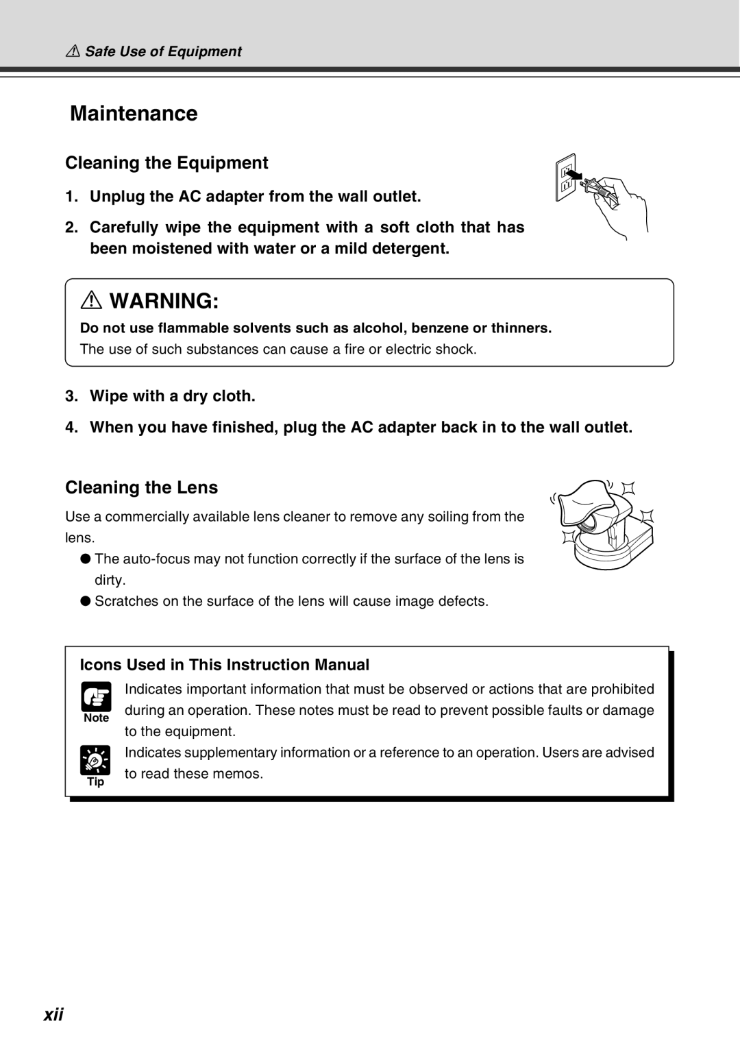 Canon VB-C10R user manual Maintenance, Cleaning the Equipment, Cleaning the Lens, Tip 