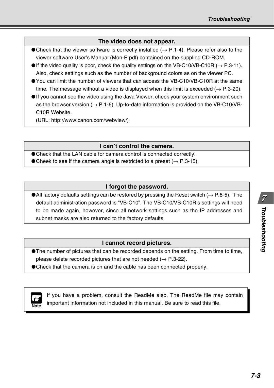 Canon VB-C10R user manual Video does not appear, Can’t control the camera, Forgot the password, Cannot record pictures 