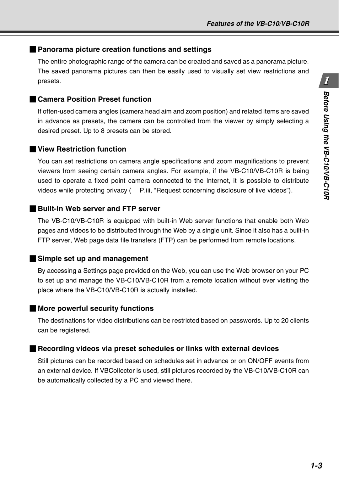 Canon VB-C10R Panorama picture creation functions and settings, Camera Position Preset function, View Restriction function 