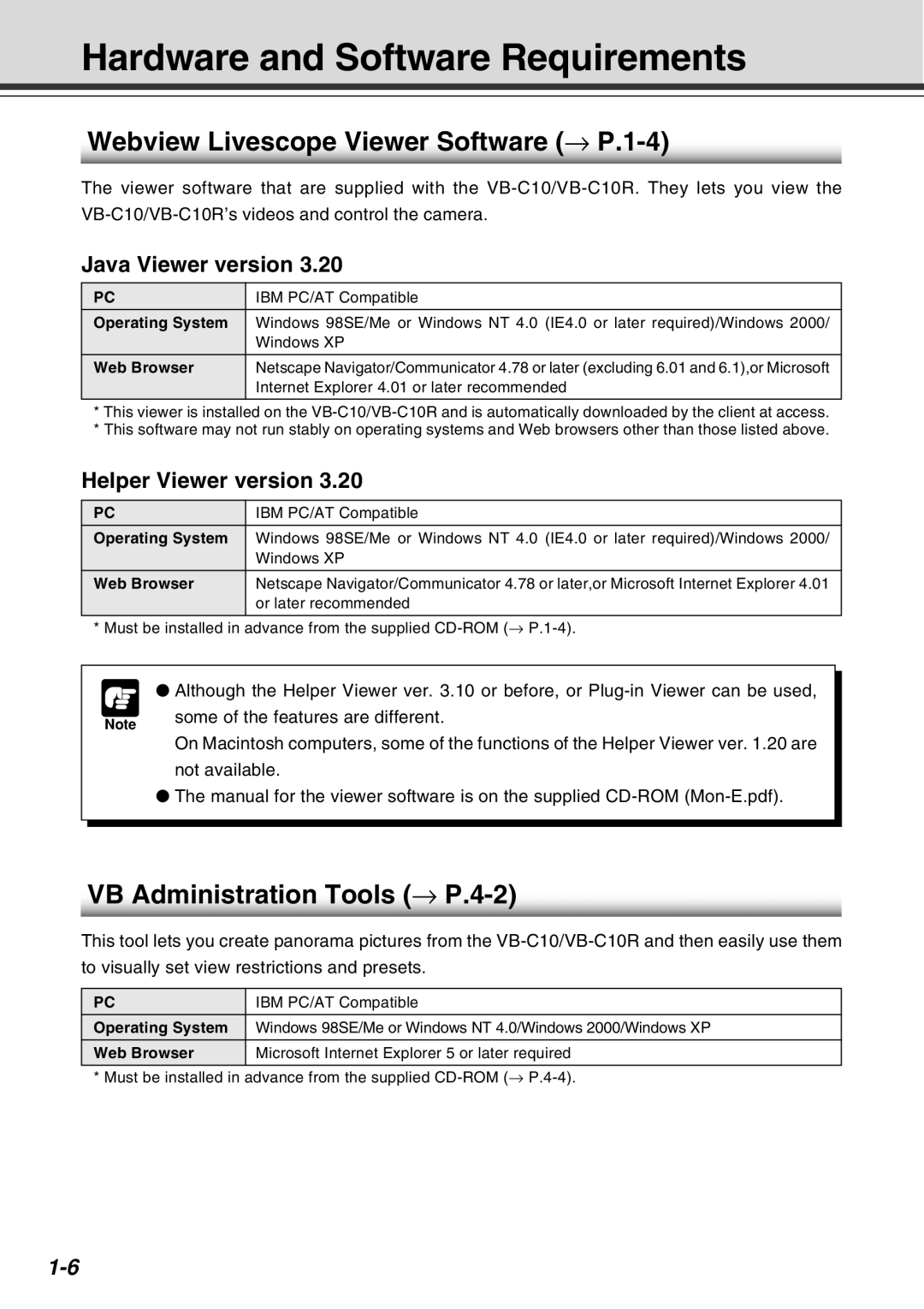 Canon VB-C10R Hardware and Software Requirements, Webview Livescope Viewer Software → P.1-4, Java Viewer version 