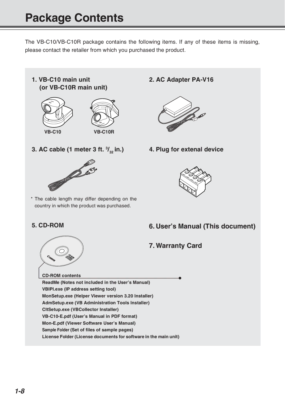 Canon VB-C10R user manual Package Contents 