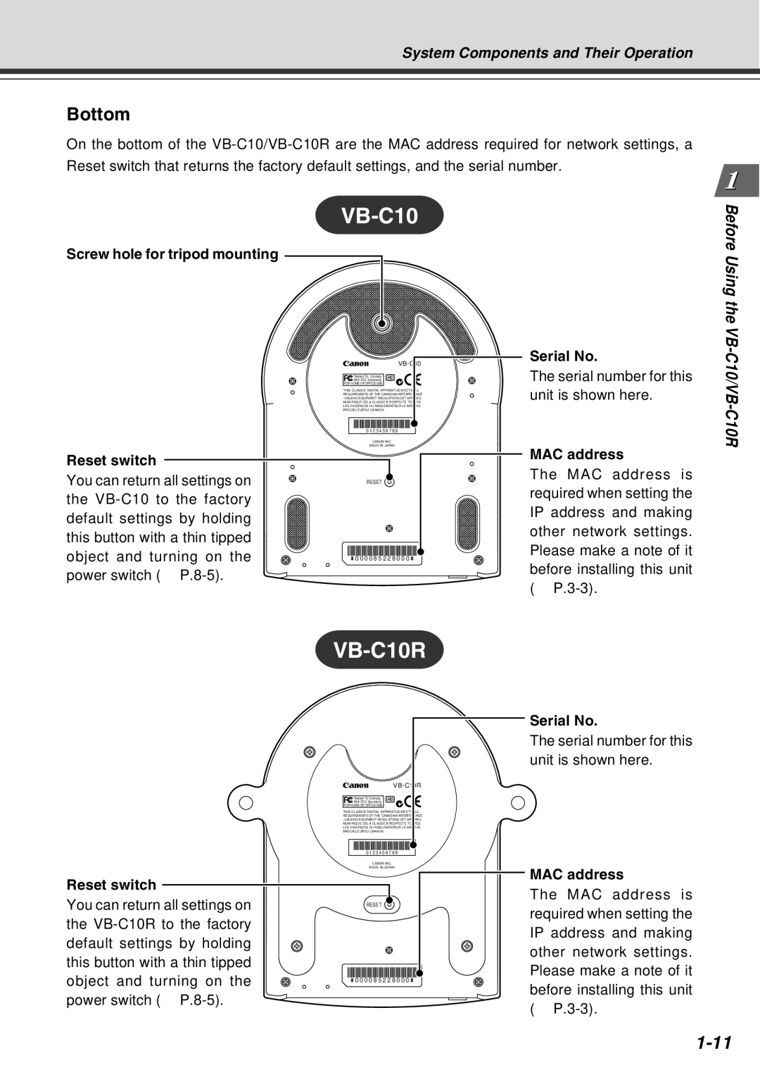 Canon VB-C10R user manual Bottom, Screw hole for tripod mounting, Reset switch Serial No, MAC address Reset switch 