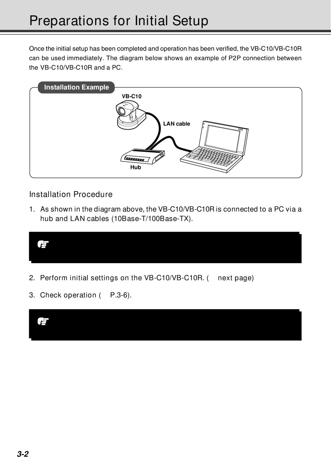 Canon VB-C10R user manual Preparations for Initial Setup, Installation Procedure, VB-C10 LAN cable Hub 