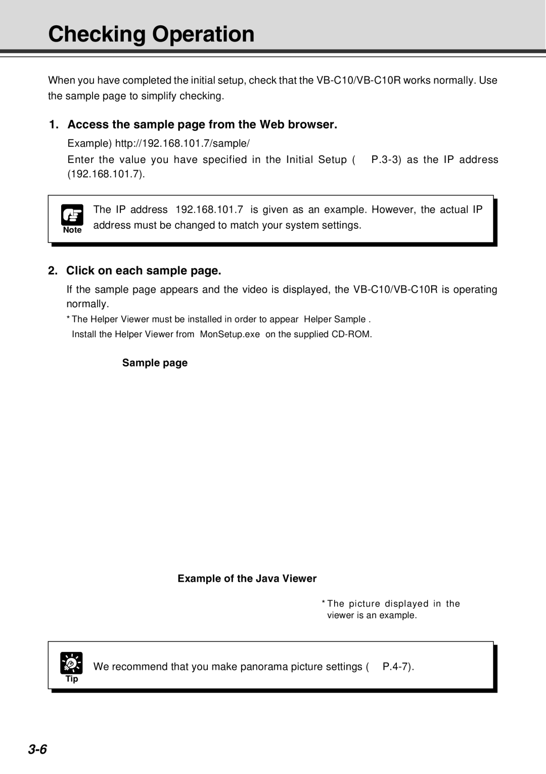 Canon VB-C10R user manual Checking Operation, Access the sample page from the Web browser, Click on each sample 