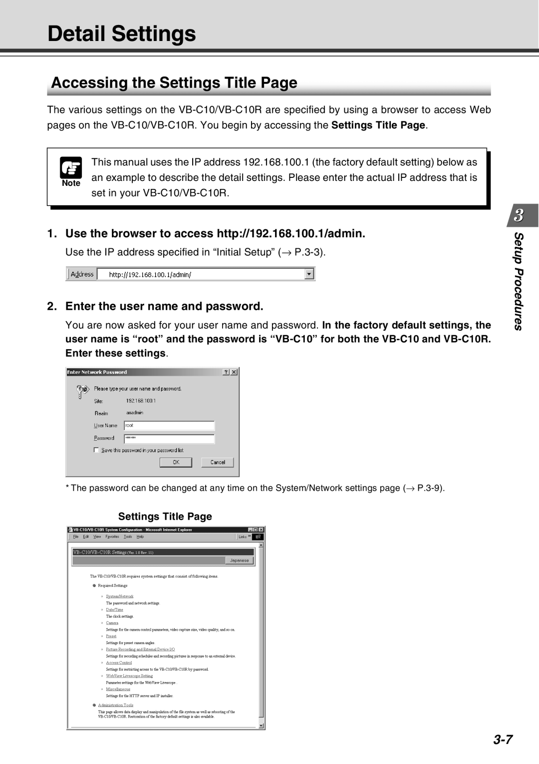 Canon VB-C10R Detail Settings, Accessing the Settings Title, Use the browser to access http//192.168.100.1/admin 