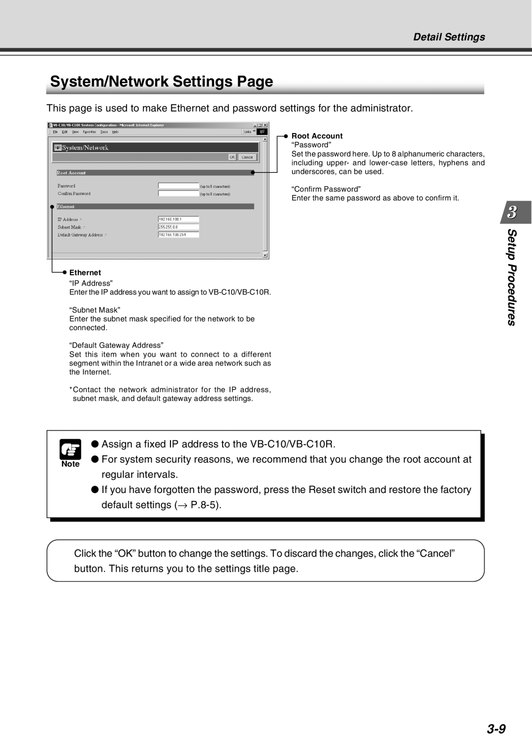 Canon VB-C10R user manual System/Network Settings, Root Account, Ethernet 