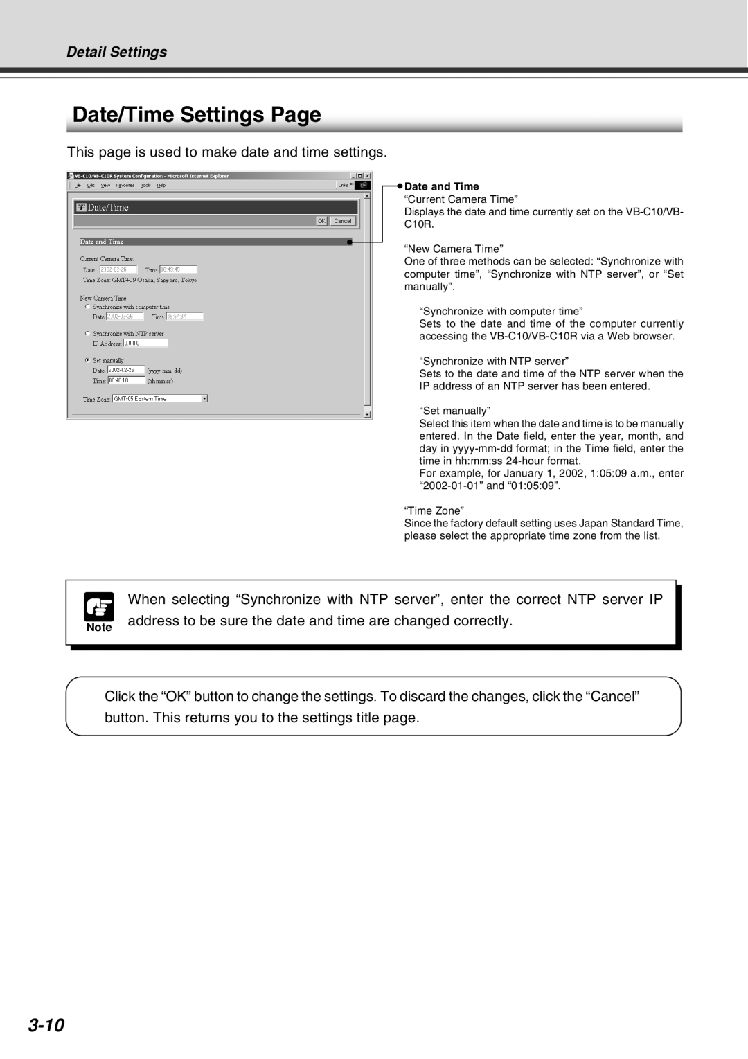 Canon VB-C10R user manual Date/Time Settings, Date and Time Current Camera Time 