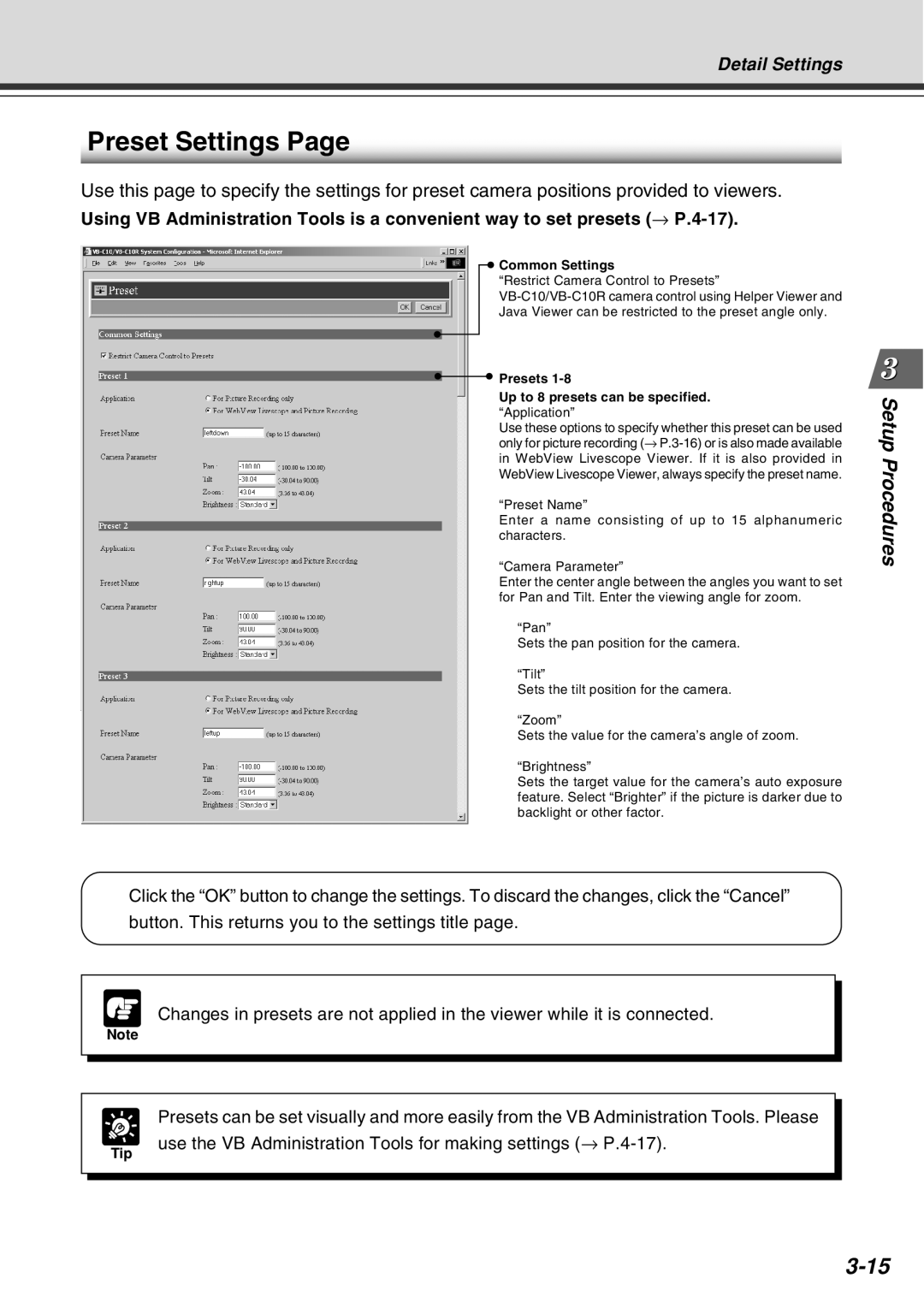 Canon VB-C10R user manual Preset Settings, Common Settings, Presets Up to 8 presets can be specified. Application 