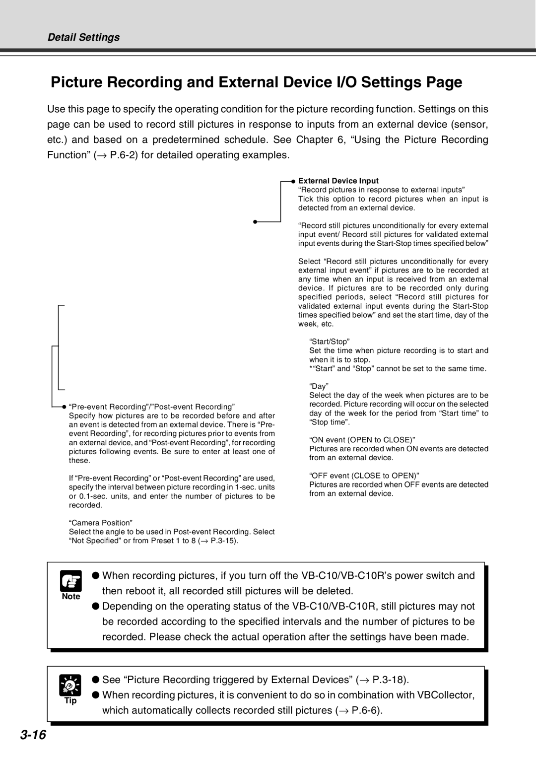 Canon VB-C10R user manual Picture Recording and External Device I/O Settings, External Device Input 